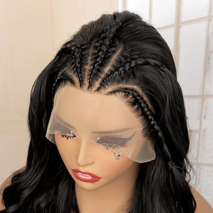 26 Inches Long Wavy Curly with Braids Synthetic Hair 13x4 Lace Front Wigs for Women Natural Color Wig for Daily Party Use