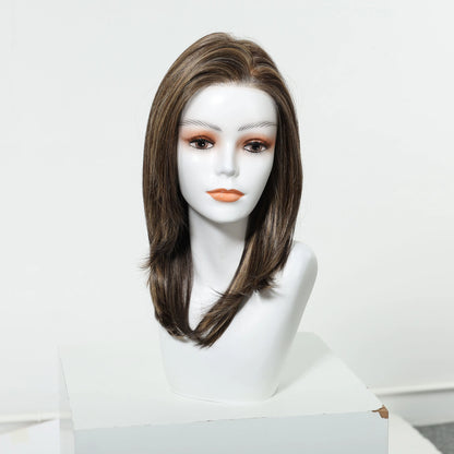 MONO Lace Frontal Synthetic Wigs Light Brown Blonde Hair Middle Length Straight Layered Wigs for White Women Daily 16inches Hair