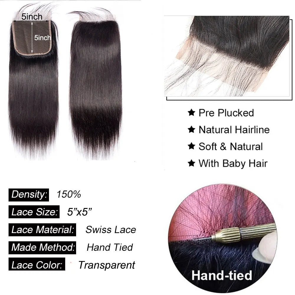 4x4 5x5 Lace Closure Straight Human Hair Top Lace Closure Preplucked Ear to Ear 13x4 Lace Frontal Transparent  Lace Closure