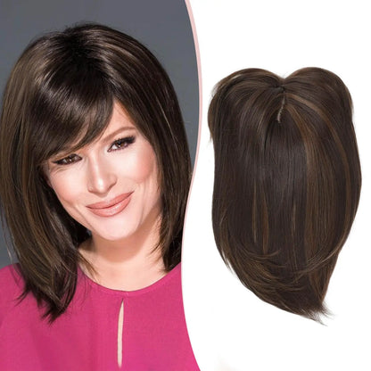 12 inches three clip synthetic wig top hair piece with bangs hair piece, brown bangs wig