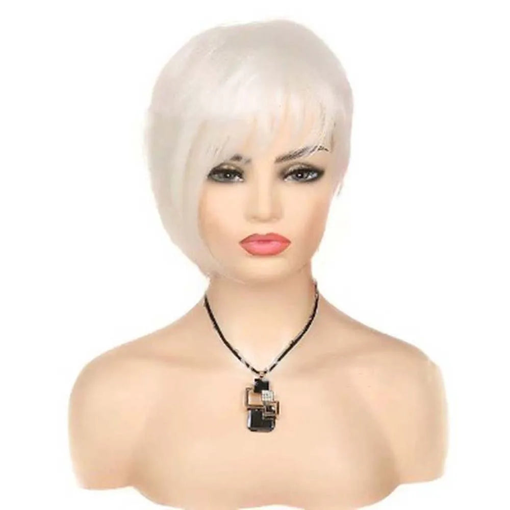 Synthetic Women Short Straight White Wig with Bangs Pixie Cut Hair Wigs Heat Resistant Cosplay Halloween Party Costume