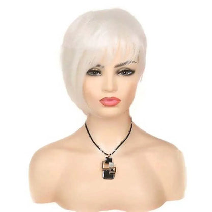 Synthetic Women Short Straight White Wig with Bangs Pixie Cut Hair Wigs Heat Resistant Cosplay Halloween Party Costume