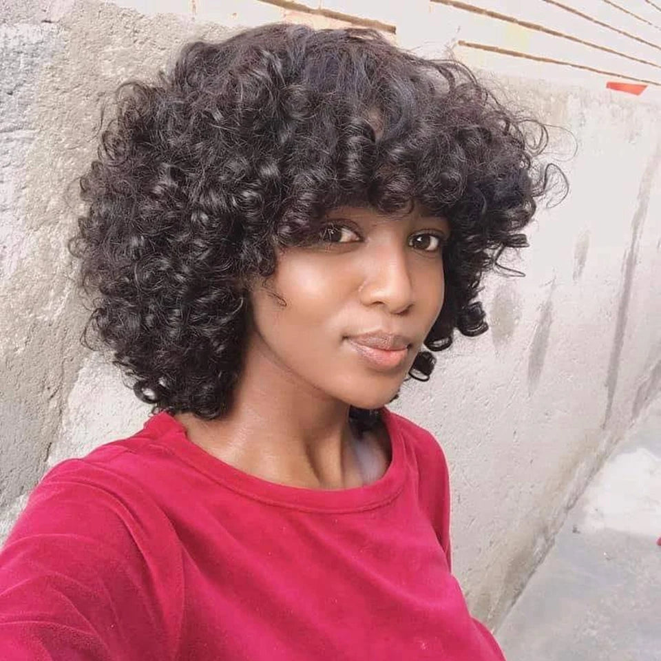 Mongolian Afro Kinky Curly Human Hair Wigs with Bangs Wear to go Glueless Wig Remy Brazilian Short Curly Bangs Wig Human Hair