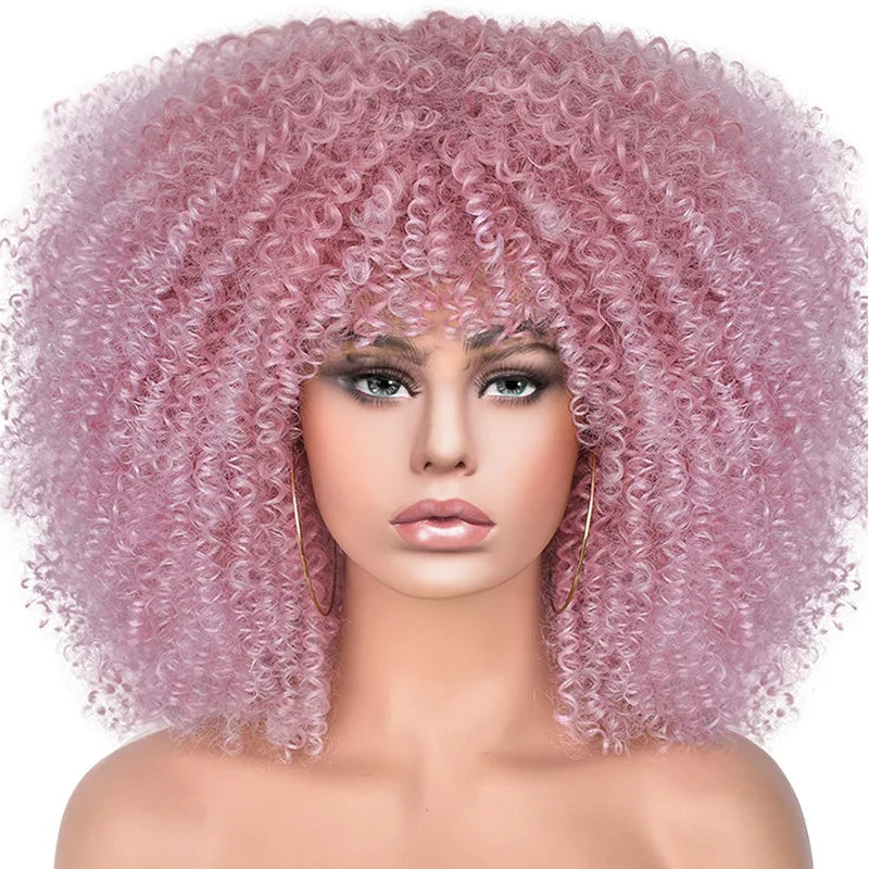 Short Afro Kinky Curly Wig With Bangs For Black Women Synthetic Ombre Glueless Colorful Wig Cosplay Party Halloween Wigs
