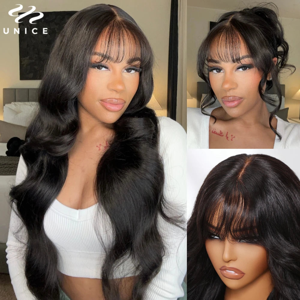 UNICE Hair Fluffy Loose Wave Wig With Curtain Bangs 7x5 Pre Cut Pre Bleached Glueless Wigs Human Hair Ready To Wear 180% Density