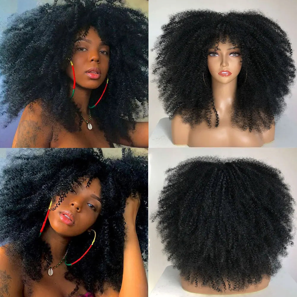 Afro Curly Wigs With Bangs For Black Women Burgundy Wig Synthetic Wine Red Hair Ombre Brown Blonde Cosplay Wig