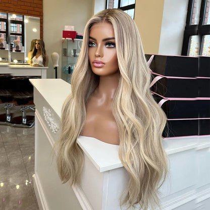 Full Lace Wig Warm Blonde Highlights Human Hair Wigs 13x6 HD Invisible Lace with Natural Roots Slight Wavy Virgin Hair 180%