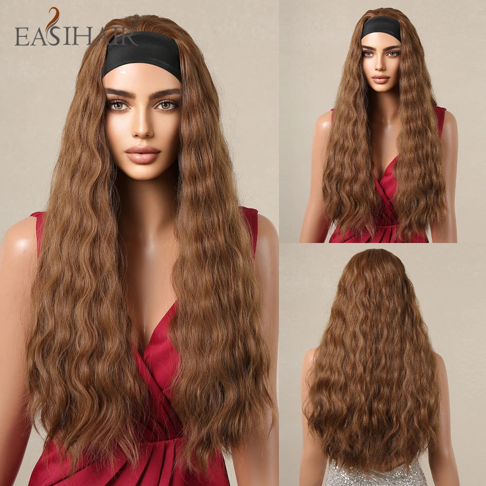 Long Headband Synthetic Wigs Natural Wavy Brown Highlight Headband Hair Wigs for Women Heat Resistant Cosplay Party Fake Hair