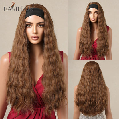 Long Headband Synthetic Wigs Natural Wavy Brown Highlight Headband Hair Wigs for Women Heat Resistant Cosplay Party Fake Hair