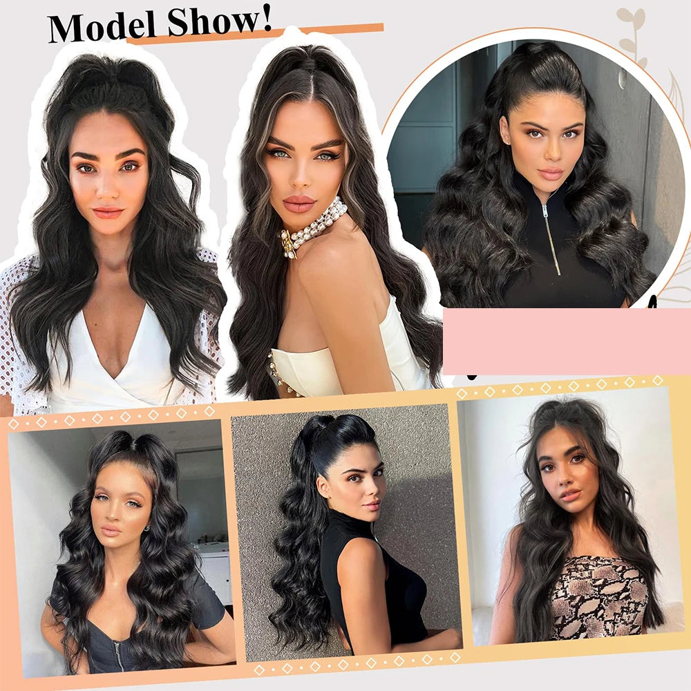 Ponytail Extension 24Inch Long Natural Wavy Drawstring Pony tail for Women Synthetic Heat Resistant Hairpiece for Daily Use part