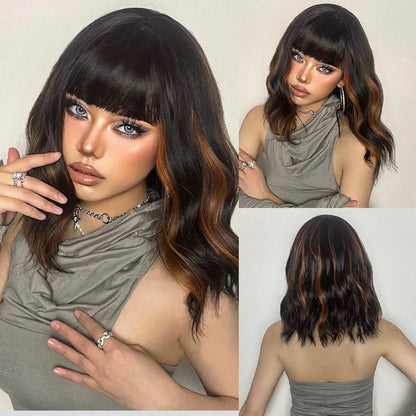 Women Grey Wavy Bob Wigs with Bangs Short Blonde Ombre Synthetic Wig With with Dark Roots Natural Hair for Daily Use