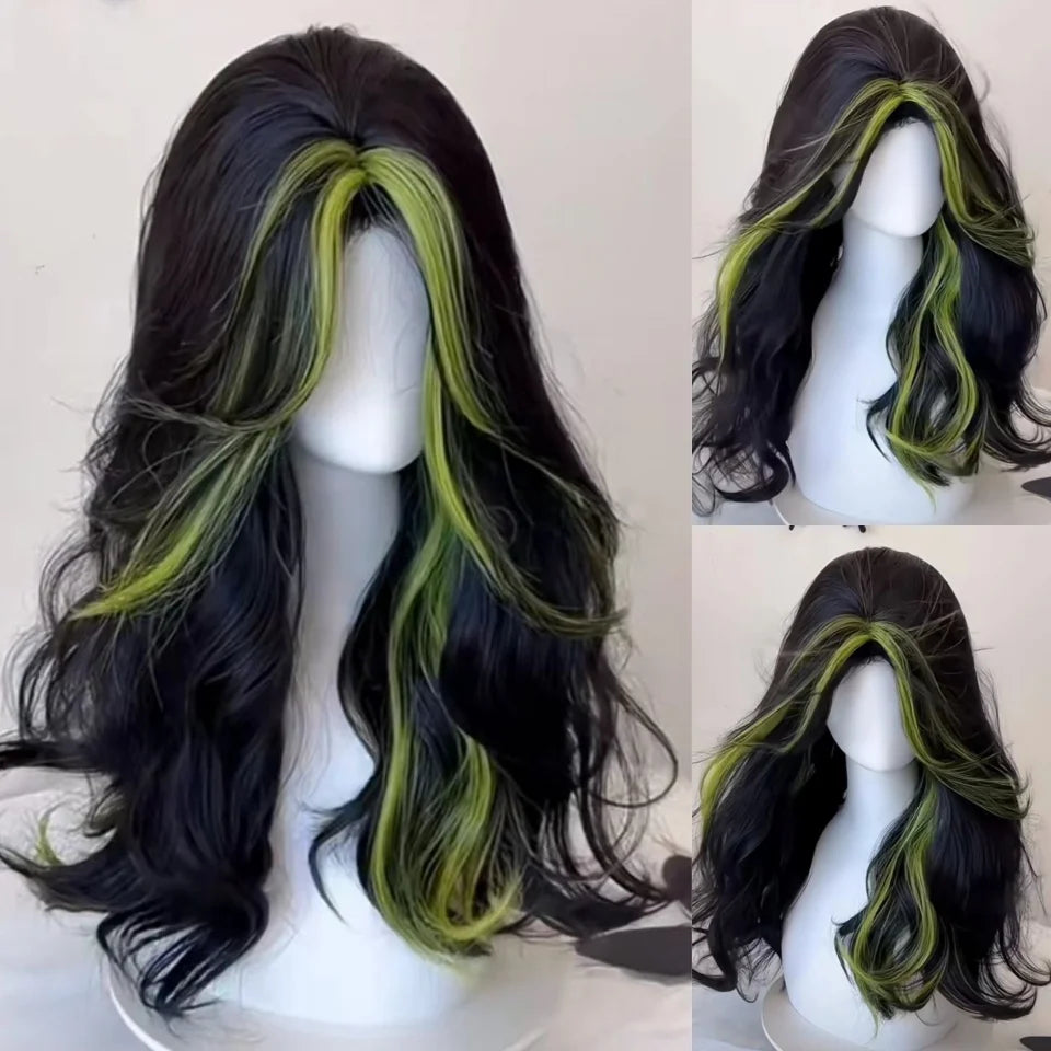 Long Curly Wave Wig with Bangs Blonde Biue Colorful Cosplay Wig for Women Daily Party Natural Soft Synthetic Hair Heat Resistant