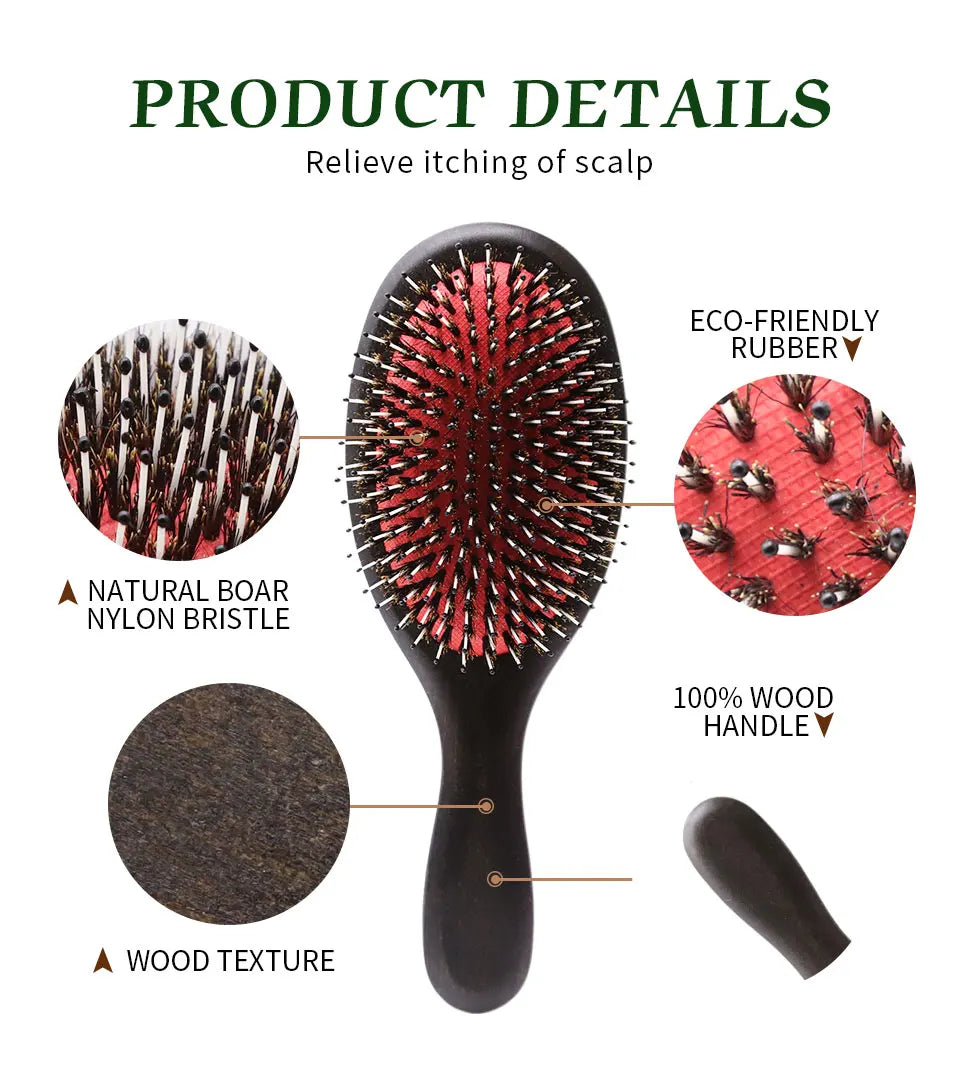 Boar Bristles Hair Brush Women Detangling HairBrush For Curly Thick Long Dry Wet Hair Wood Comb Head Scalp Massage Hair Comb