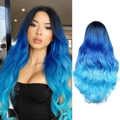 26 Inch Long Blue Wavy Wigs for Women Gradient Blue Body Wave Mermaid Hair Wigs Long Curly Synthetic Hair for Daily or Cosplay