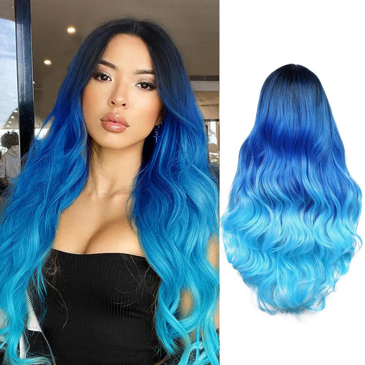 26 Inch Long Blue Wavy Wigs for Women Gradient Blue Body Wave Mermaid Hair Wigs Long Curly Synthetic Hair for Daily or Cosplay