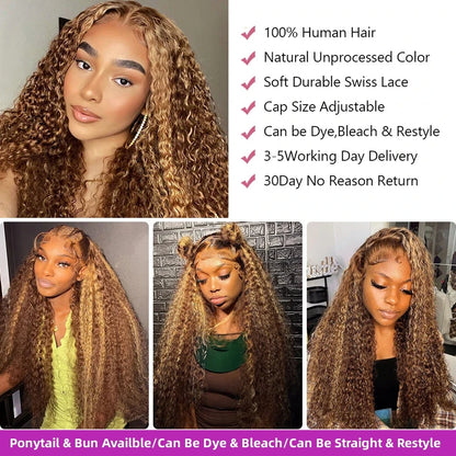 13x4 Hd Front Highlight Wig Brazilian Human Hair Curly Wigs Ombre Honey Blonde Colored Water Wave 30 Inch Deep Wave Frontal Wig