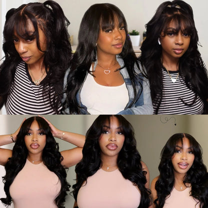 UNICE Hair Fluffy Loose Wave Wig With Curtain Bangs 7x5 Pre Cut Pre Bleached Glueless Wigs Human Hair Ready To Wear 180% Density