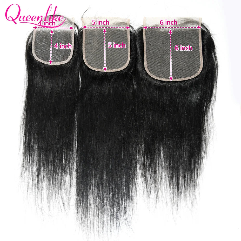 Queenlike 4x4/5x5/6x6 Straight Lace Closure 13x4 Frontal Closure Only Preplucked 100%Brazilian Human Hair Transparent Swiss Lace