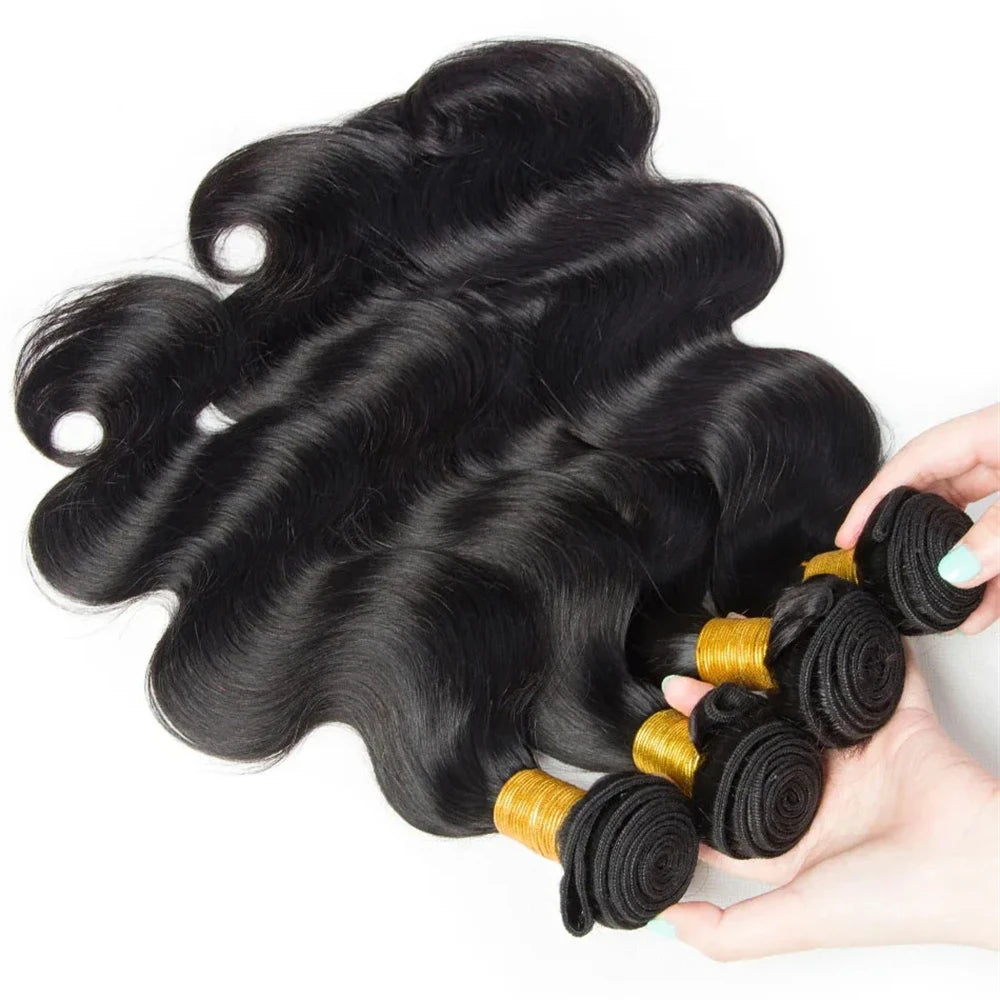 Closure With Bundles 100% Human Hair Body Wave Extensions Frontal 13x4 Lace Closure Peruvian Hair Thick And Smooth Black Color