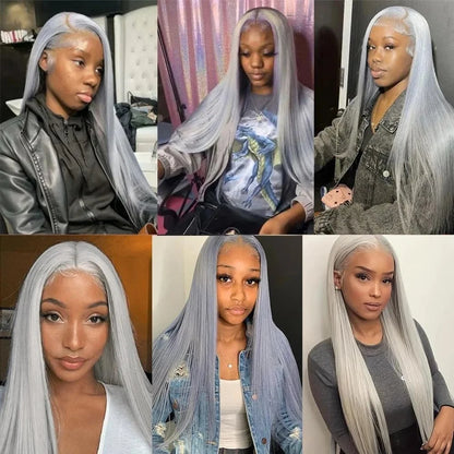 13x6 Straight Lace Front Wig Silver Grey Lace Front Wigs Human Hair Pre Plucked Brazilian Transparent 13x4 Lace Frontal Wig 200%