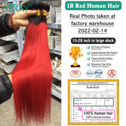 1B Red Bundles With Closure Baby Hair Ombre Straight Human Hair Weave 3 Bundles With 4x4 Transparent Lace Closure Pre Plucked