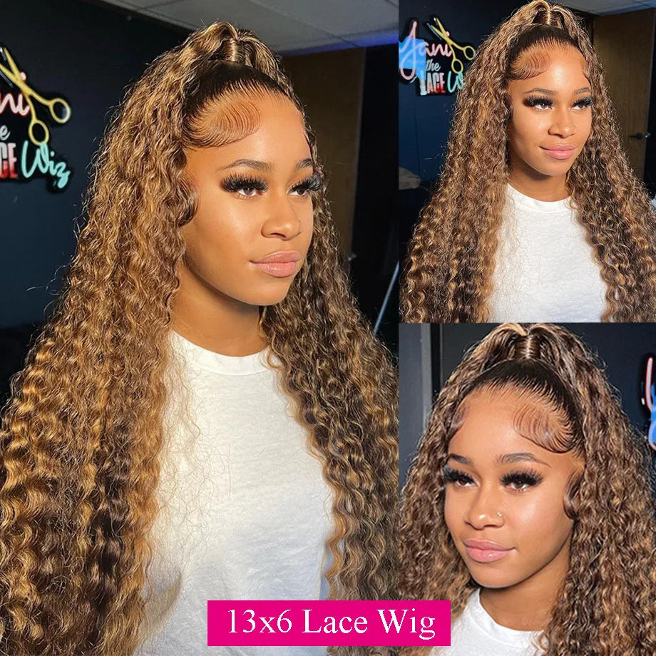 Highlight 13x6 Lace Frontal Wig Human Hair Brazilian Curly Wigs For Women Deep Water Wave HD Lace Wig  Transparent Colored Hair