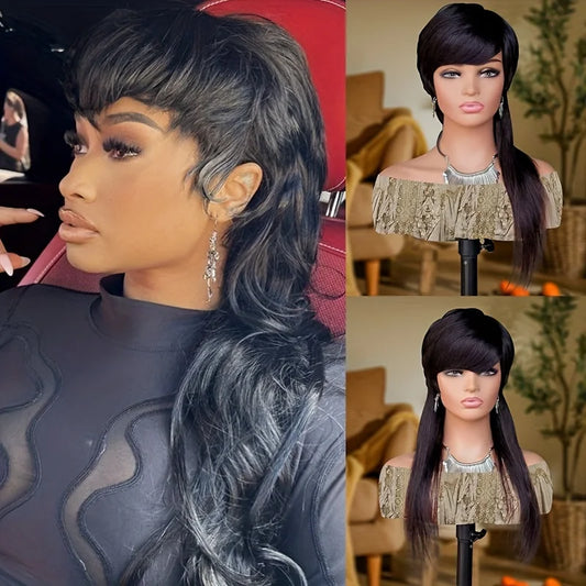 Straight Human Hair Wig With Bangs Mullet Wig Full Machine Made Wig Brazilian Human Hair Wigs for Women Natural Colored Wig