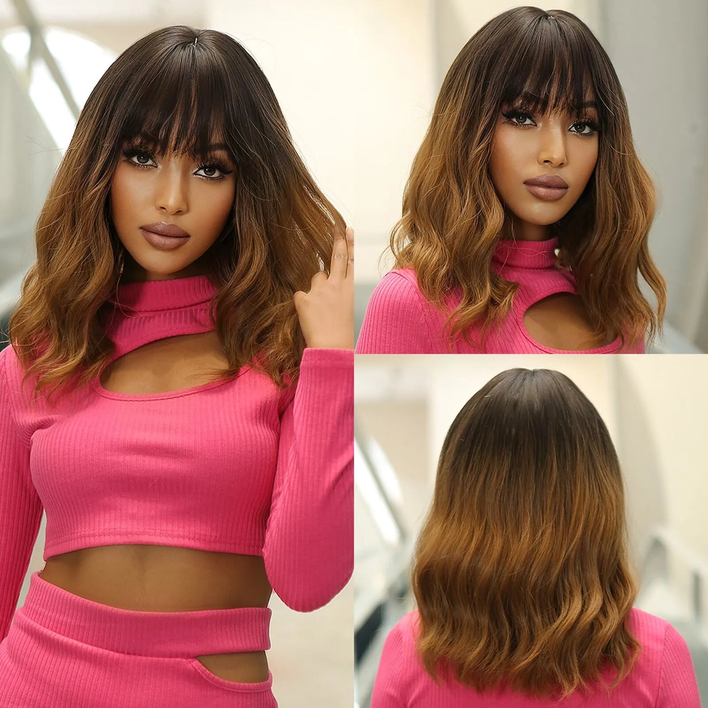 Women Grey Wavy Bob Wigs with Bangs Short Blonde Ombre Synthetic Wig With with Dark Roots Natural Hair for Daily Use