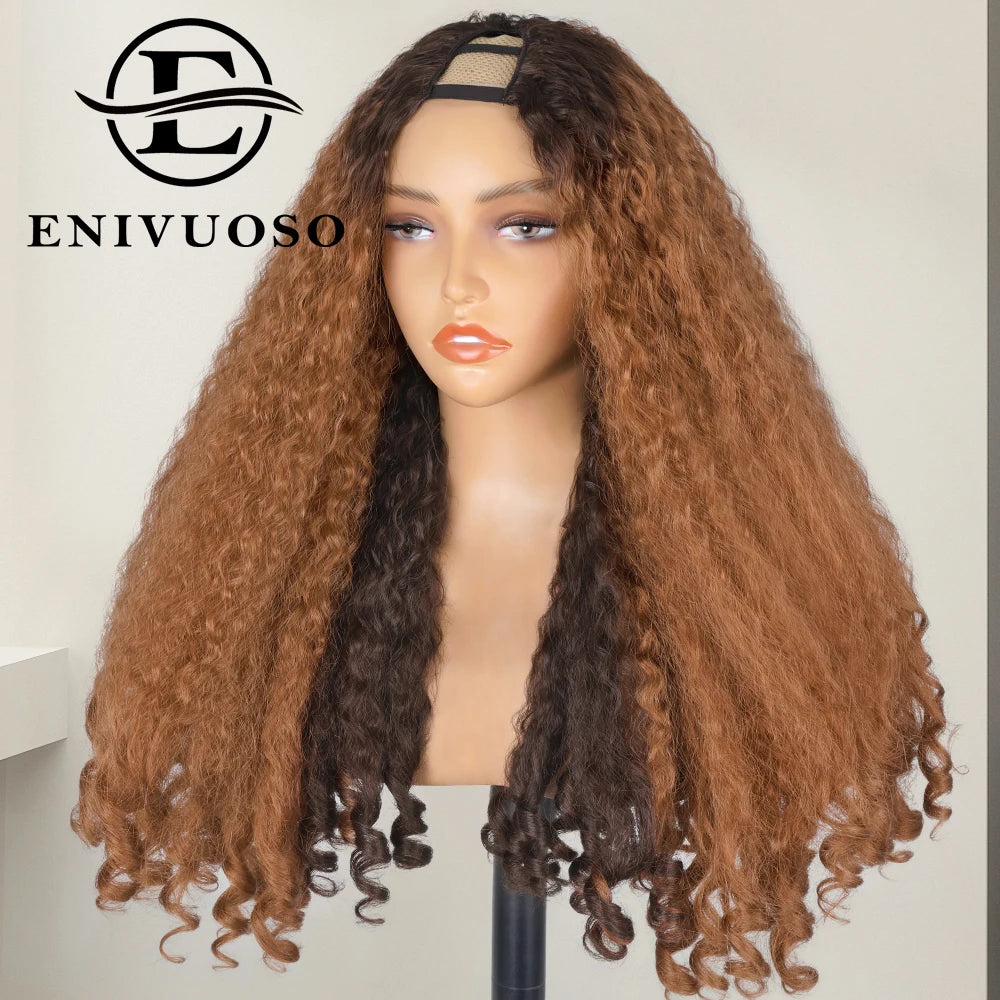 Afro Kinky Straight V Part Wigs with Bouncy Curls Short Synthetic Glueless Wigs for Black Women No Leave Out Clip in Half Wigs