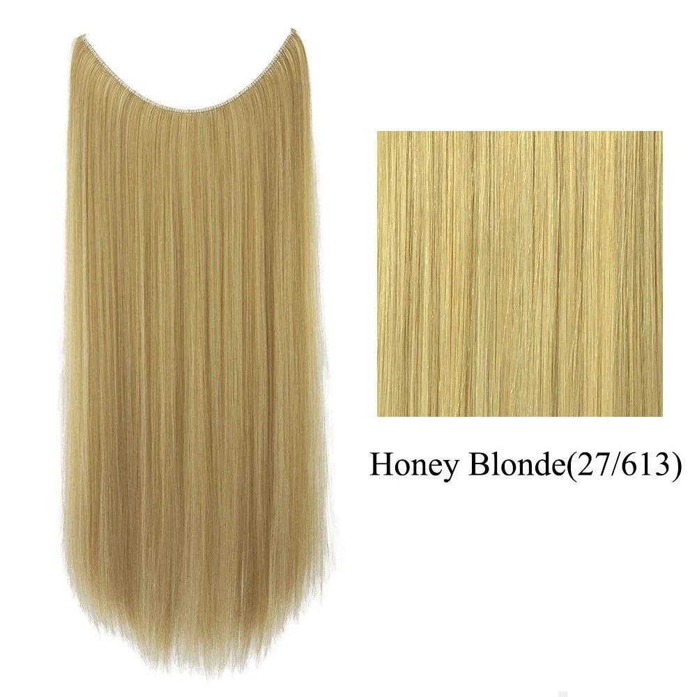 22'' 26'' Long Straight Blonde Synthetic Halo Hair Extensions Fish Line Invisible Hairpiece Extension Fake Hair for Girls