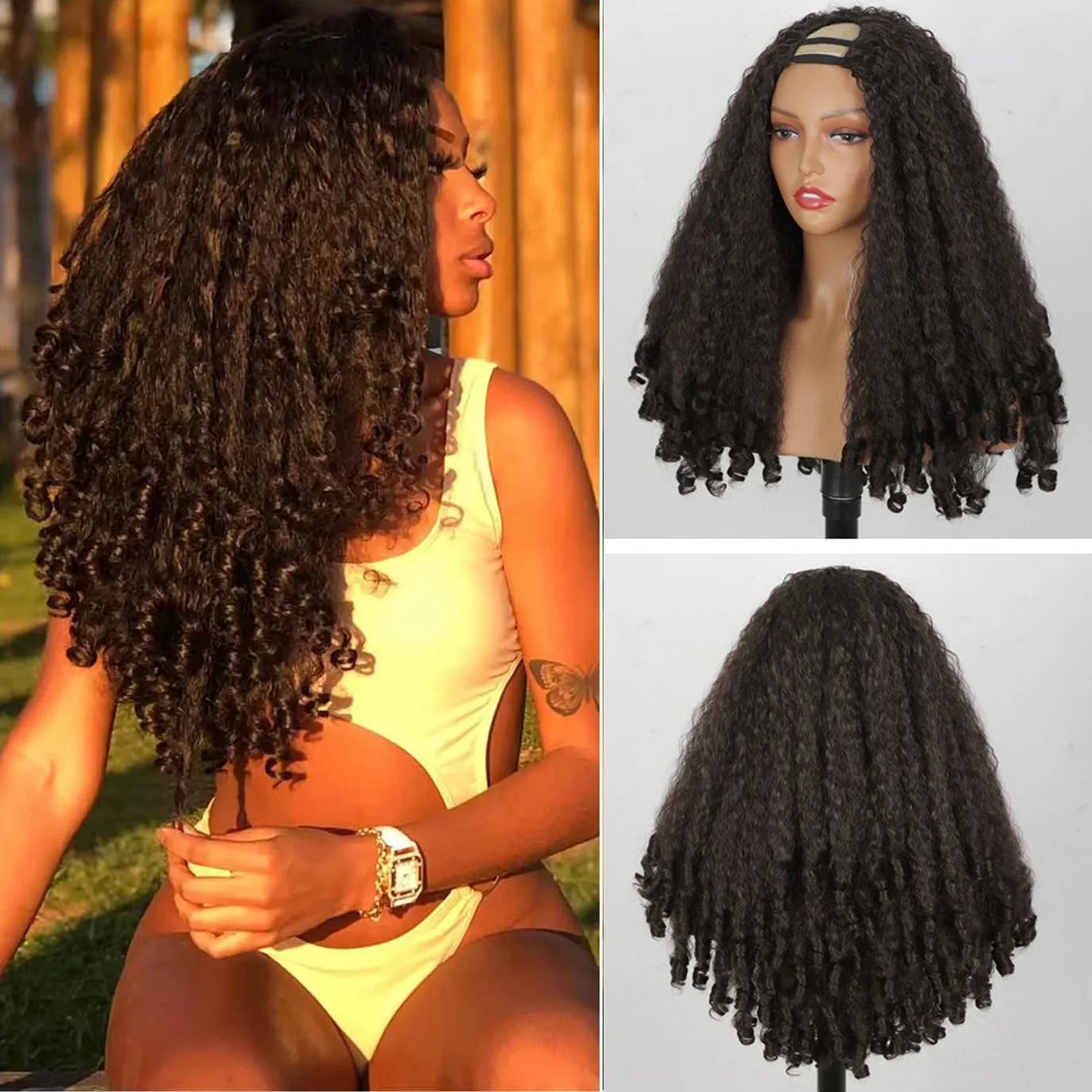 Afro Curly U Part Wig Synthetic Braided Hair Texture with Unique Bouncy Curls in the End 24 "Soft Kinky Straight Full Hair Wigs