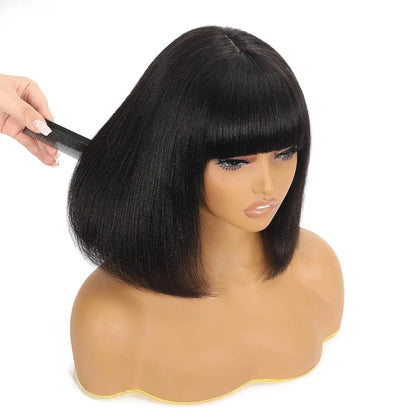 Yaki Straight Bob Wigs With Bangs Human Hair Wig 4X4 Lace Scalp Short  For Women 220 Density Breathable Cap Black Women
