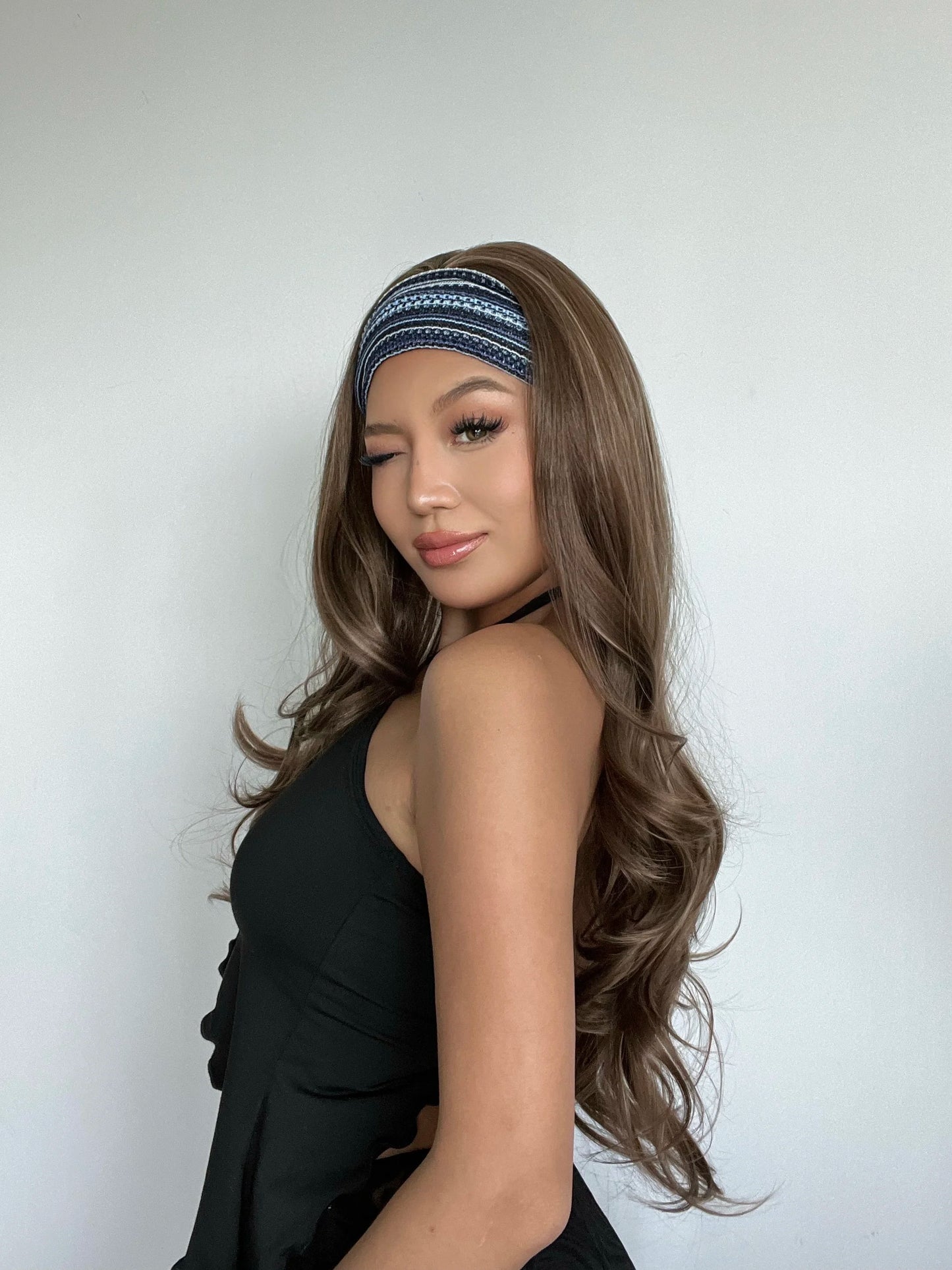 Long Headband Synthetic Wigs Natural Wavy Brown Highlight Headband Hair Wigs for Women Heat Resistant Cosplay Party Fake Hair