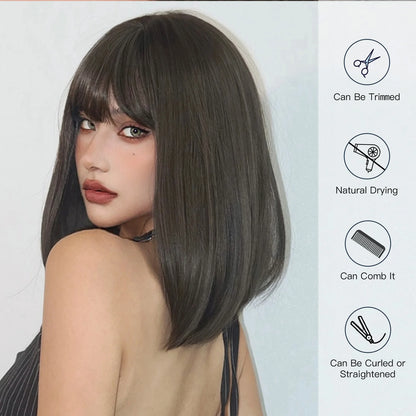Straight Bob Synthetic Wigs Dark Brown Hair with Bangs for Women Shoulder Length Wig Daily Use Heat Resistant Korean Hairstyle