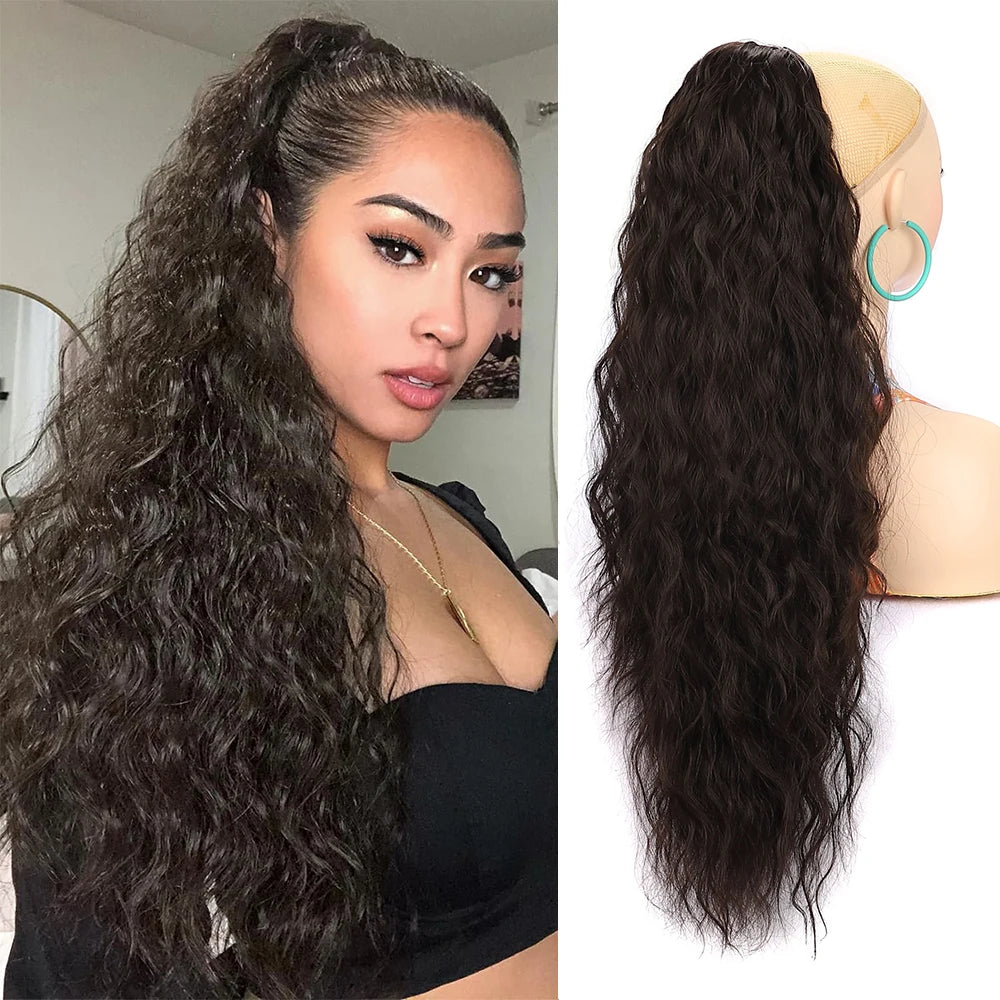 Ponytail Extension 30 Inch Extra Long Drawstring Wavy Curly Ponytails Black Brown Synthetic Fiber Fake Hair piece for Women