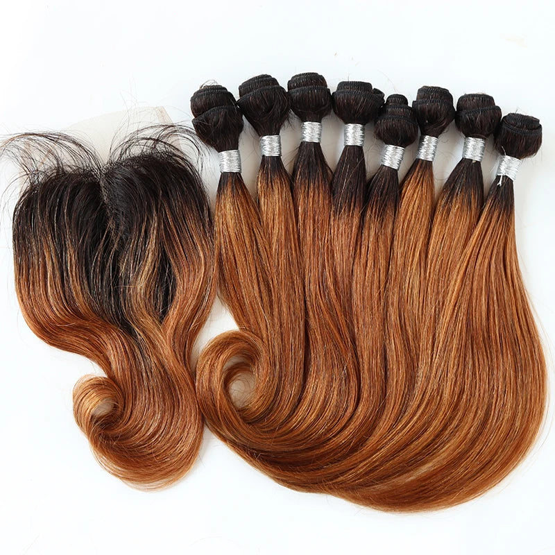 Malaysian Human Hair Bundles with Closure Blonde Bundles with 4x4 Closure 8 pcs Curly Hair Extensions And Closure Preplucked
