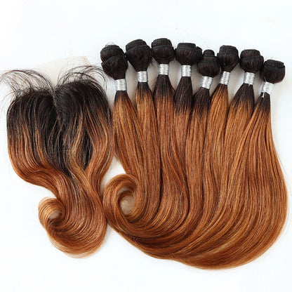Malaysian Human Hair Bundles with Closure Blonde Bundles with 4x4 Closure 8 pcs Curly Hair Extensions And Closure Preplucked