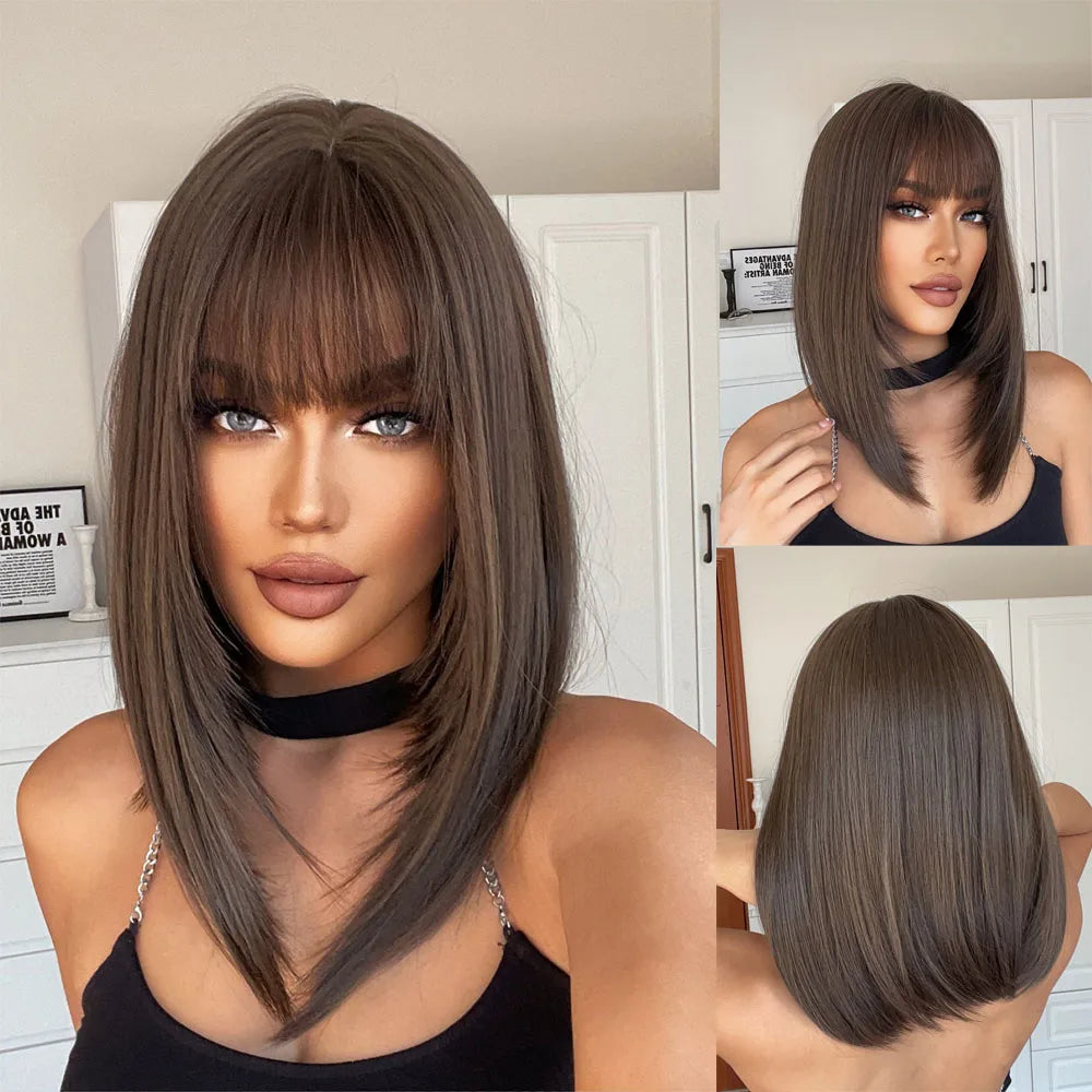 Straight Black Bob Synthetic Wig with Bangs Medium Long Cosplay Layered Wigs for Woman Natural Hair Daily Wig Heat Resistant