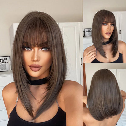 Straight Black Bob Synthetic Wig with Bangs Medium Long Cosplay Layered Wigs for Woman Natural Hair Daily Wig Heat Resistant
