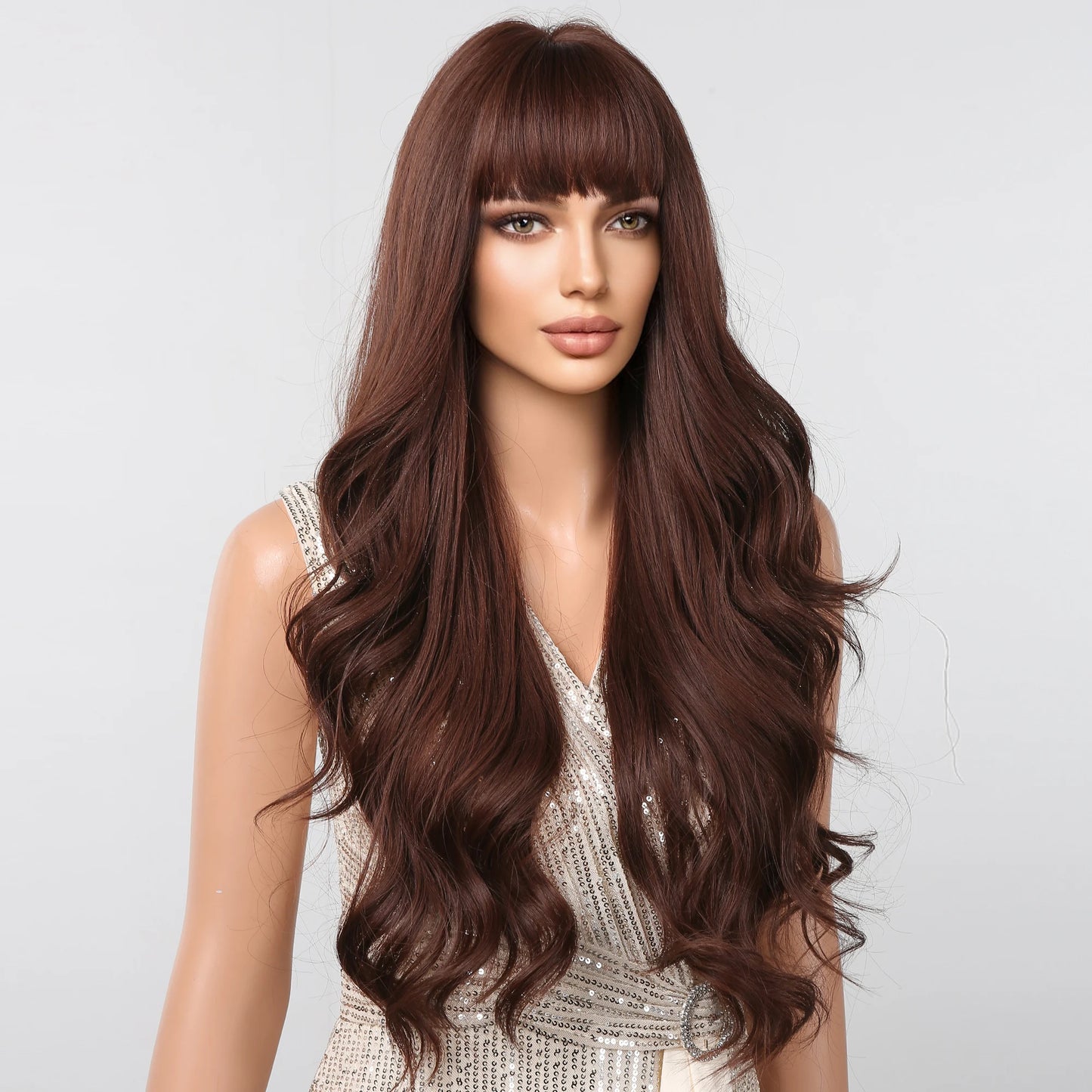 Long Wavy Synthetic Wigs for Women Red Brown Curly Fake Hair Wigs With Bangs Daily Use Party Heat Resistant Wavy Hair Wig