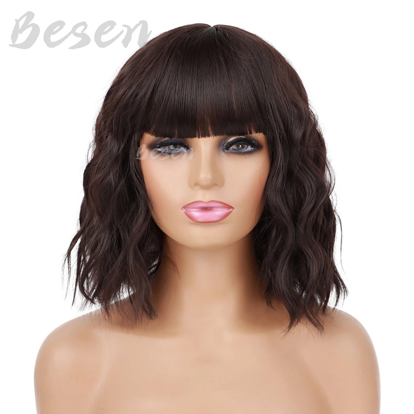 Synthetic Short Curly Bob Wig With Bangs for Women Wavy Shoulder Length Wig Short Water Wave Wig Daily Wear