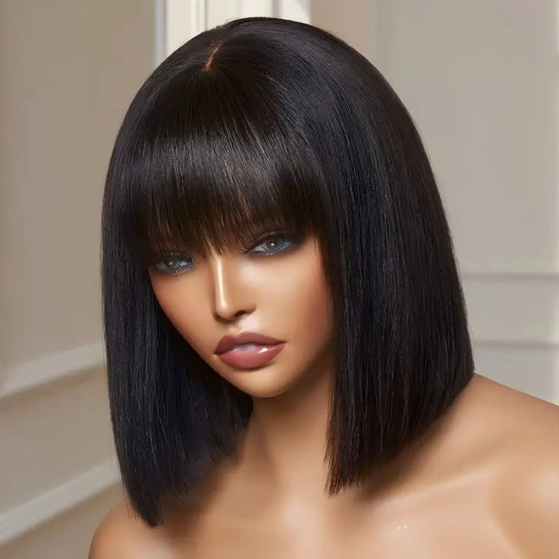 Yaki Straight Bob Wigs With Bangs Human Hair Wig 4X4 Lace Scalp Short  For Women 220 Density Breathable Cap Black Women