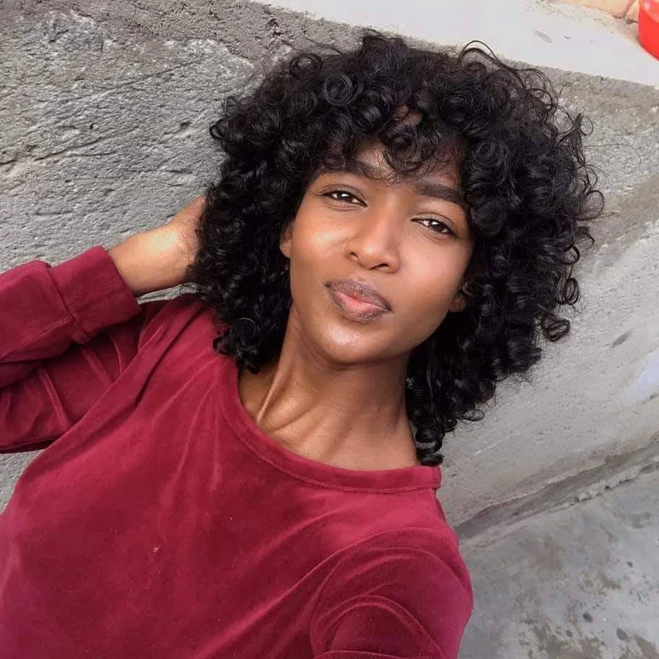 Mongolian Afro Kinky Curly Human Hair Wigs with Bangs Wear to go Glueless Wig Remy Brazilian Short Curly Bangs Wig Human Hair