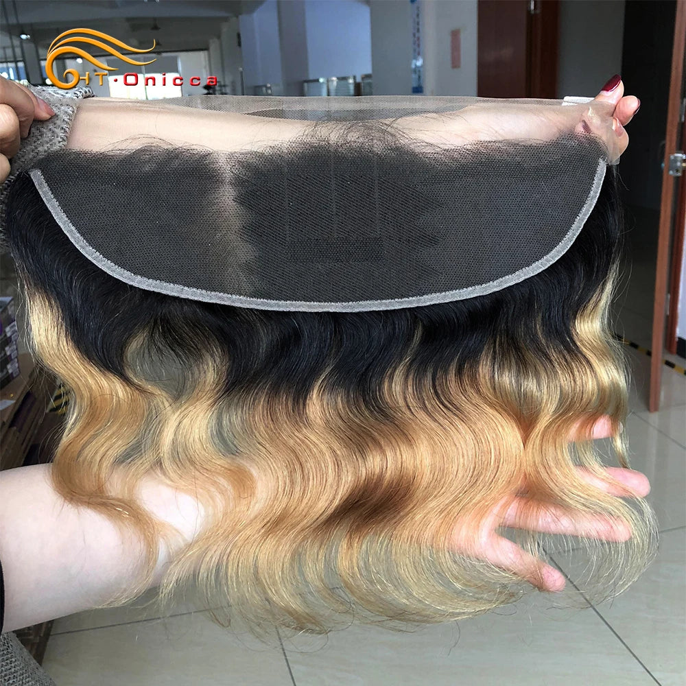 Human Hair Bundles with Body Wave Frontal Ombre Brazilian Curly Weaving Bundles with Closure Frontal 13x4 HD Transparent Lace