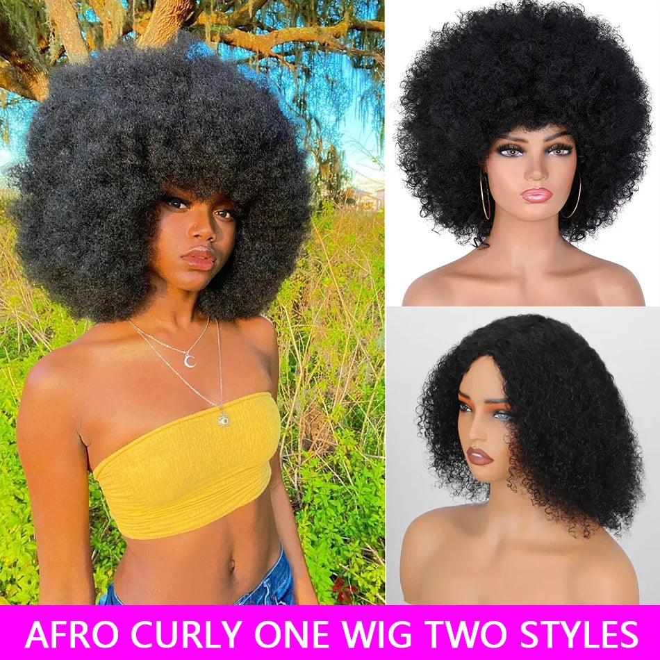 Afro Wigs Curls Short Curly Afro Kinky Wig 70s Bouncy Human Wigs Cosplay and Daily Two Styles Wigs