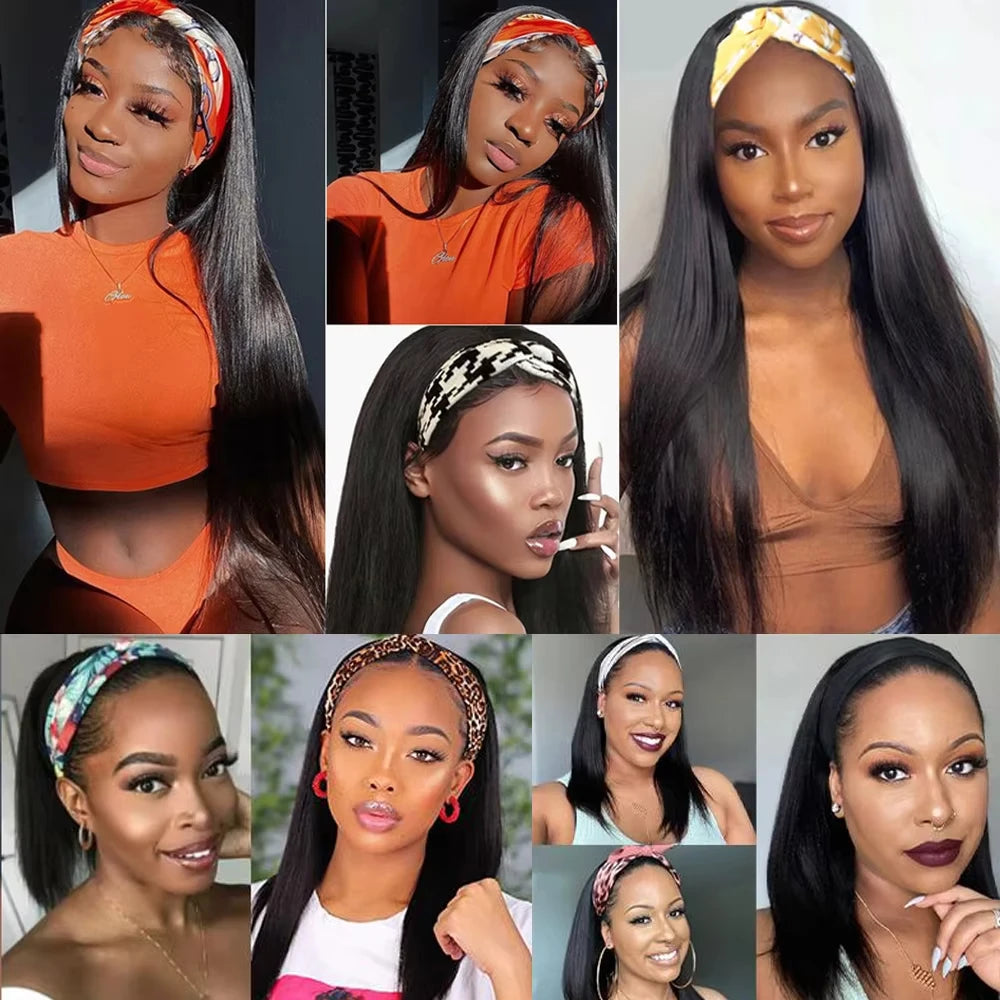 Headband Wig Human Hair Straight Brazilian Wigs With Head Band For Black Women Remy Full Machine Made