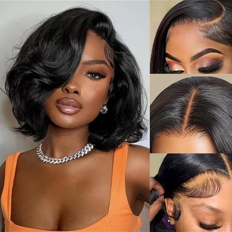 Lace Front Wigs Body Wave 100% Human Hair Wig for Women Black Short Wavy Style Transparent Lace Closure Wigs Bobbi