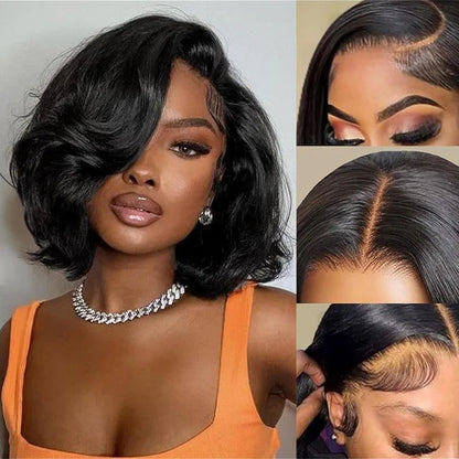 Lace Front Wigs Body Wave 100% Human Hair Wig for Women Black Short Wavy Style Transparent Lace Closure Wigs Bobbi