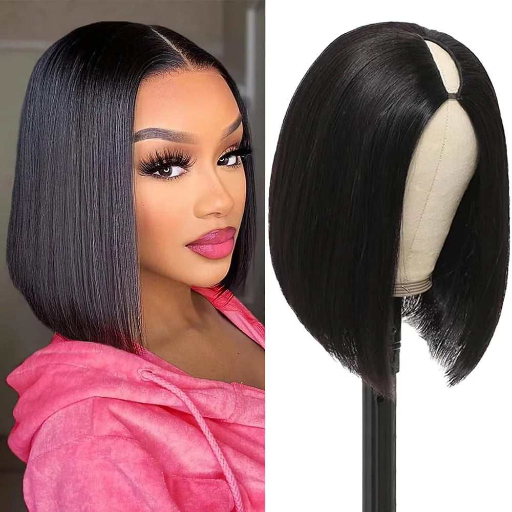 V Part Wig Human Hair Bob Wig for Black Women Brazilian Remy Straight Human Hair U Part Wig Beginner Friendly No Glue No Sew in