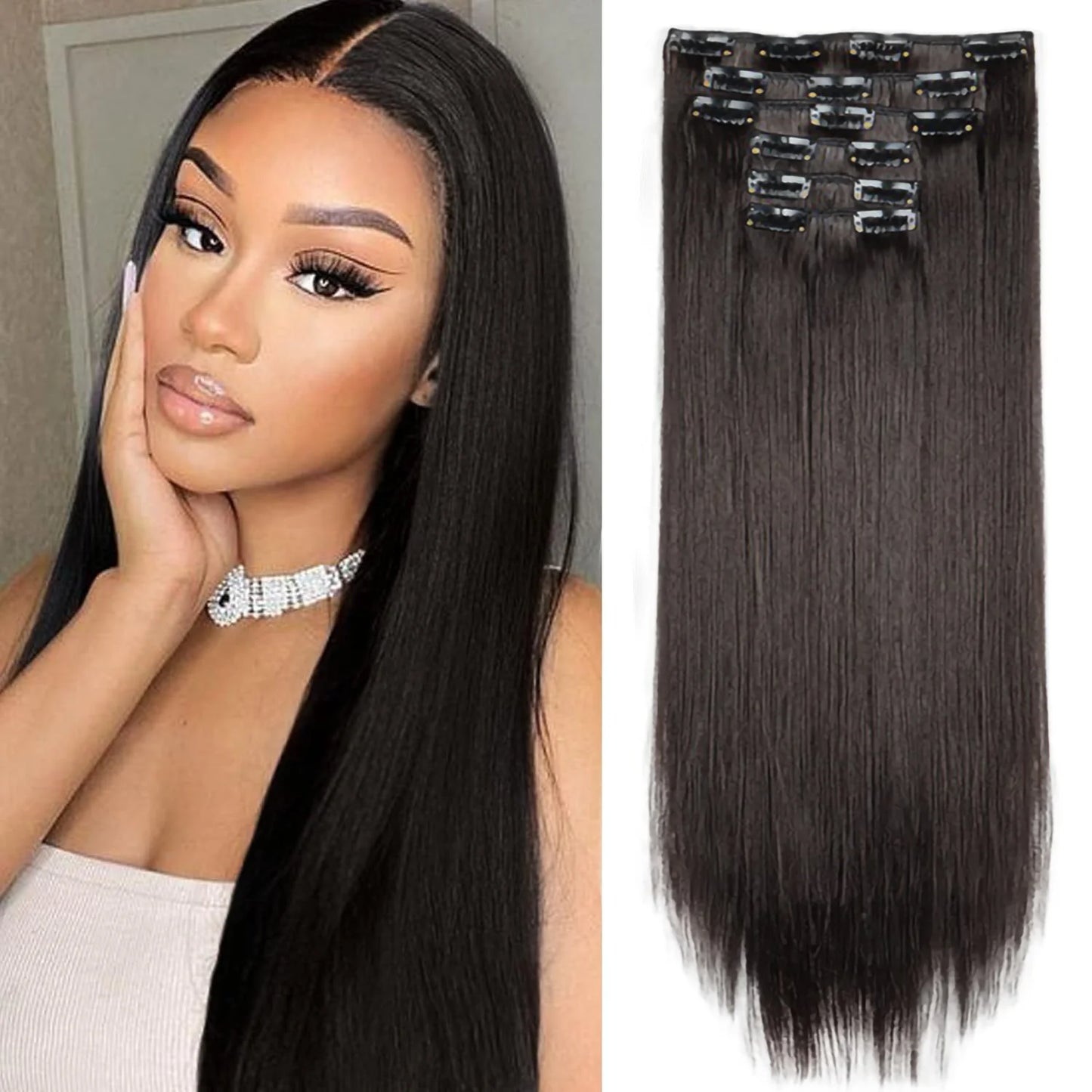 24Inch 16 Clips in Hair Extensions Long Straight Hairstyle Synthetic Blonde Black Hairpieces Heat Resistant False Hair Daily Use